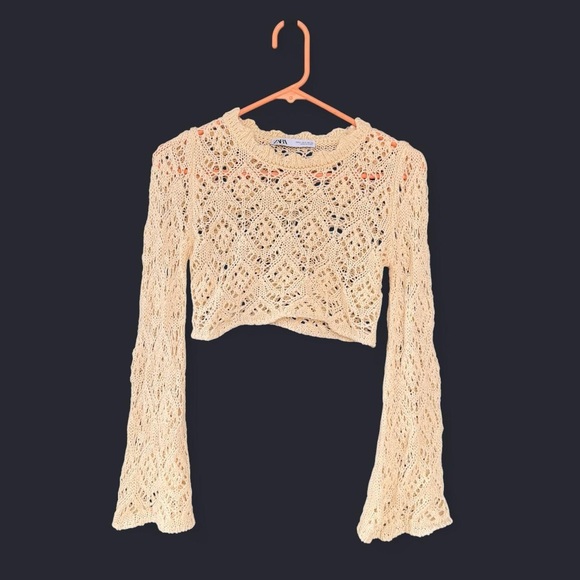 ZARA Crochet Knit Bell Sleeve Crop Top | Small | Cream Ivory - Picture 1 of 4